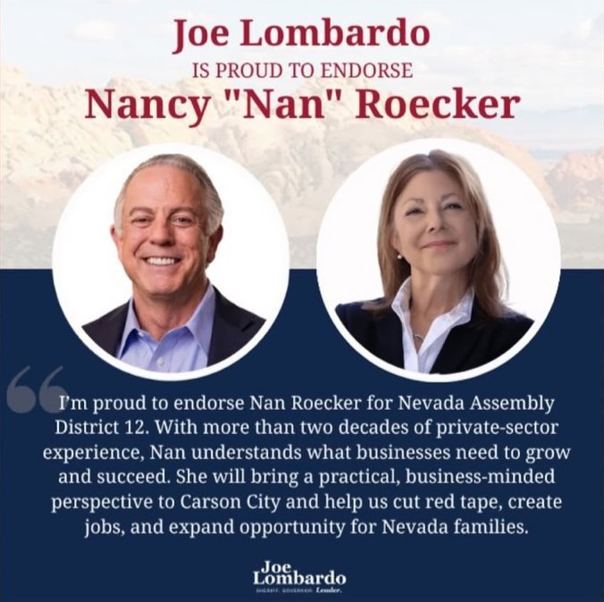El gobernador Joe Lombardo respalda a Nancy "Nan" Roecker para el Distrito 12 de la Asamblea
